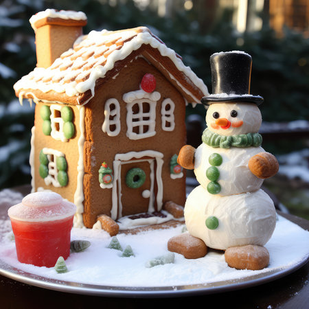 Snowman and gingerbread house on a plate in the snow.の素材