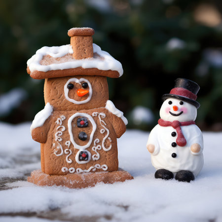 Gingerbread snowman and snowman in the snow. Christmas backgroundの素材