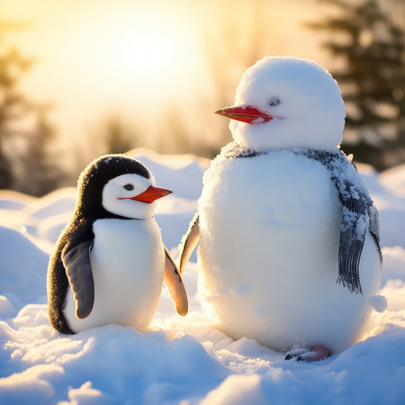Two penguins in the snow on a background of a beautiful sunsetの素材