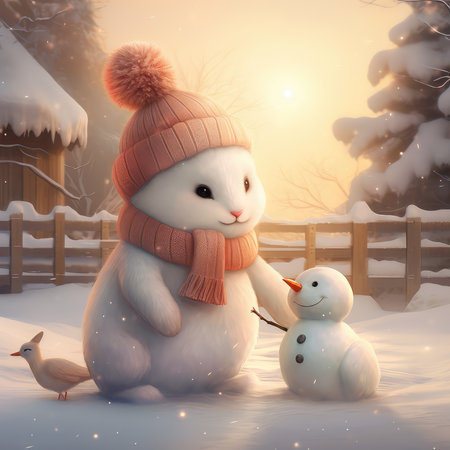 Snowman and snowman in a winter landscape. 3D illustration.の素材
