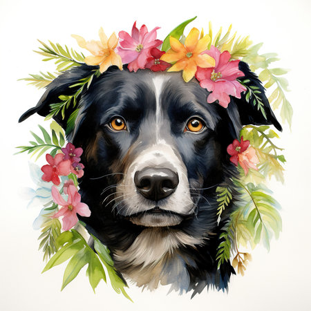 Portrait of a dog with a wreath of flowers on his headの素材