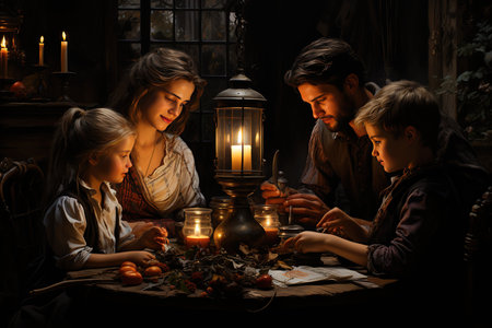 Family of four sitting at the table in a dark room with candlesの素材