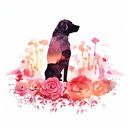 Watercolor silhouette of a dog and roses on a white background.の素材