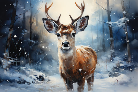 Digital painting of a whitetail deer in a snowy forest.の素材
