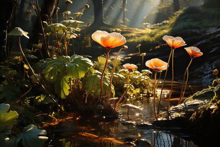 poppies in the morning light in the forest at sunrise.の素材