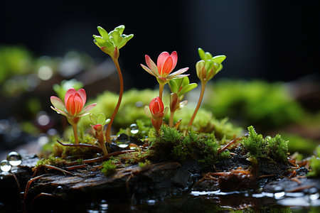 Close-up of small green sprouts growing out of the waterの素材