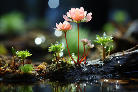 Water drops on a small pink flower in a pond with bokeh backgroundの素材