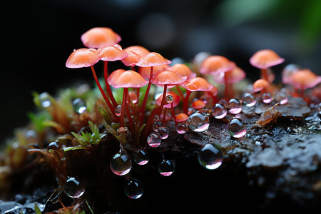 Mushrooms in the rainforest with water droplets close upの素材
