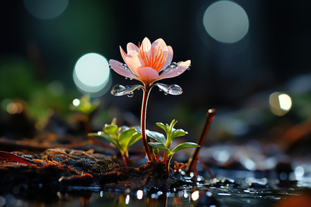 Water drops on a small pink flower with bokeh background.の素材