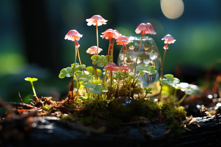 Fungi growing on moss in glass bottles with bokeh backgroundの素材