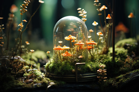 Mushrooms in glass sphere on moss background. Fantasy forest.の素材