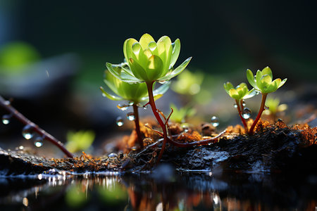 Close-up of young green sprout with water drops on dark backgroundの素材