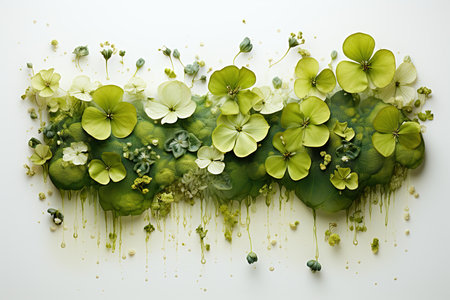 Green watercolor background with hydrangea flowers and blotsの素材