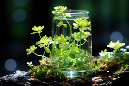 Small plant in glass jar with green moss on black background. Nature concept.の素材