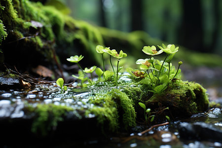 Green moss growing on a rock in the forest with raindrops.の素材
