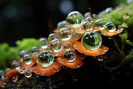 Water droplets on a mushroom in the rainforest, Thailand.の素材