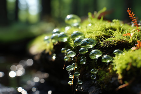 Water droplets on moss in the forest. Shallow depth of field.の素材