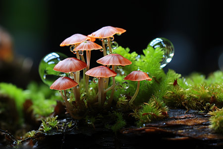 Mushrooms with dew drops in the forest, close upの素材