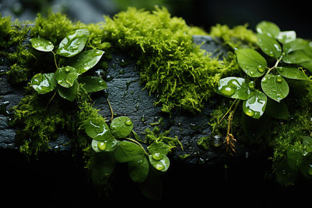 Green moss on black stone with water drops. Nature background. Selective focus.の素材