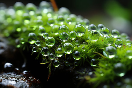 Water droplets on moss in the rainforest. Close up.の素材