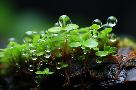 Water droplets on fresh green seedling in the rainforest.の素材