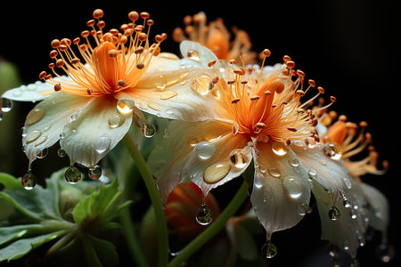 Beautiful flowers with water drops on black background, close-upの素材