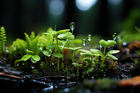 Water drops on fresh green sprout in rainforest. Nature backgroundの素材