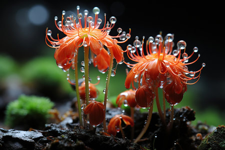 Water drops on orange flower in the rainforest. Shallow depth of field.の素材