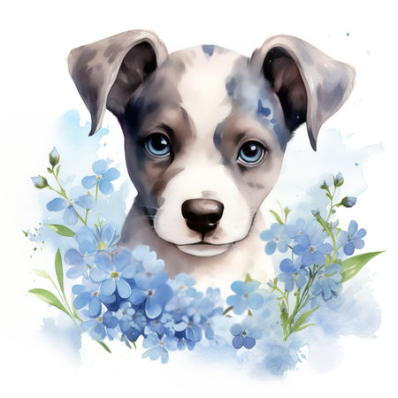 Watercolor portrait of a cute puppy with blue flowers on a white backgroundの素材