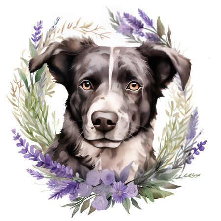 Border collie dog with lavender flowers. Watercolor illustration.の素材