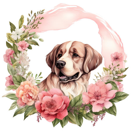 Cute beagle dog with floral wreath. Watercolor illustrationの素材
