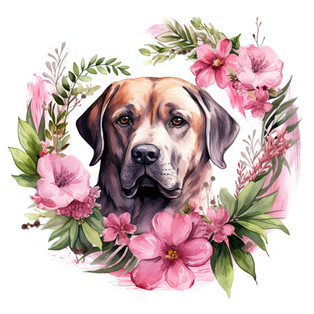 Watercolor portrait of a dog with flowers. Hand drawn illustration.の素材