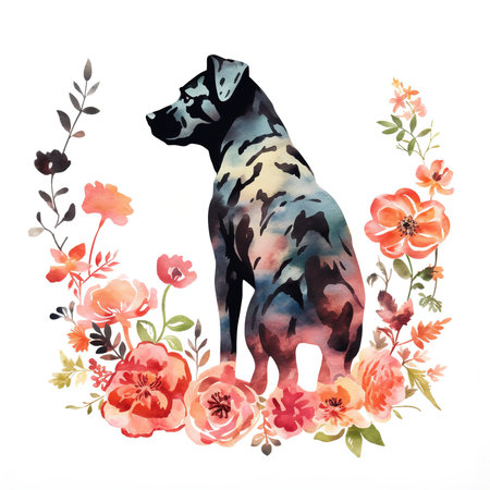 Dog with flowers. Watercolor illustration. Isolated on white background.の素材