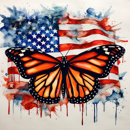 American flag and butterfly in watercolor style. Hand drawn illustration.の素材