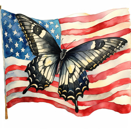 American flag with a swallowtail butterfly. Hand drawn watercolor illustrationの素材