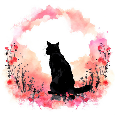 Black cat sitting on a floral background. Watercolor vector illustration.の素材
