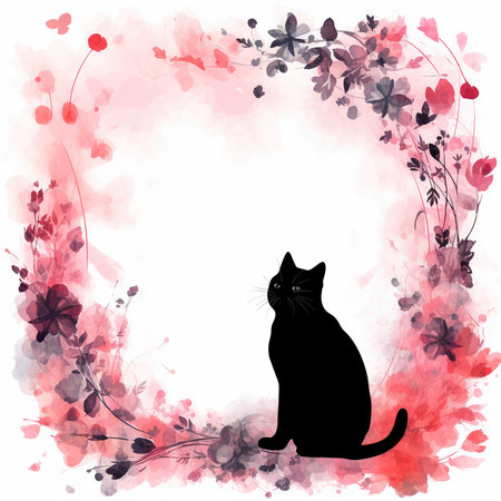 Illustration of a black cat sitting on a watercolor floral backgroundの素材