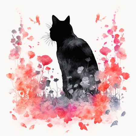 Silhouette of a cat on a background of watercolor flowers.の素材
