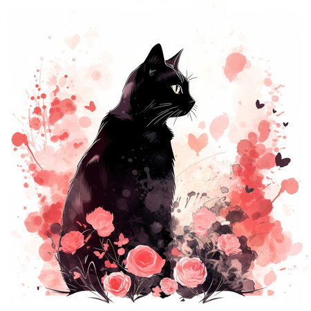 Black cat and red roses on watercolor splashes background, vector illustrationの素材