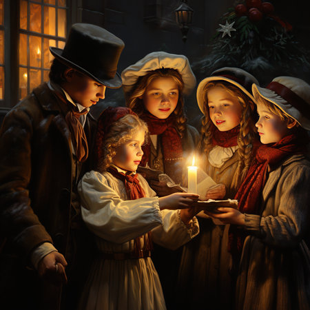 Group of children in winter clothes reading a book by candlelight.の素材