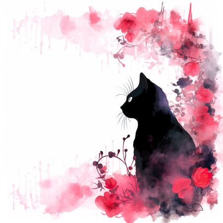 Illustration of a black cat on a watercolor background with flowersの素材