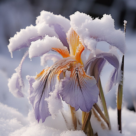 Iris flowers in the snow, close-up, selective focusの素材
