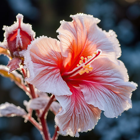 Hibiscus flower covered with snow in the morning sun.の素材