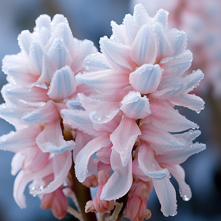 Close up of pink hyacinth flowers covered with hoarfrostの素材