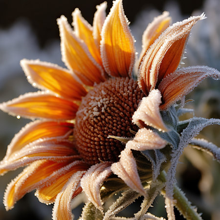 Sunflower covered with hoarfrost in winter. Close-up.の素材