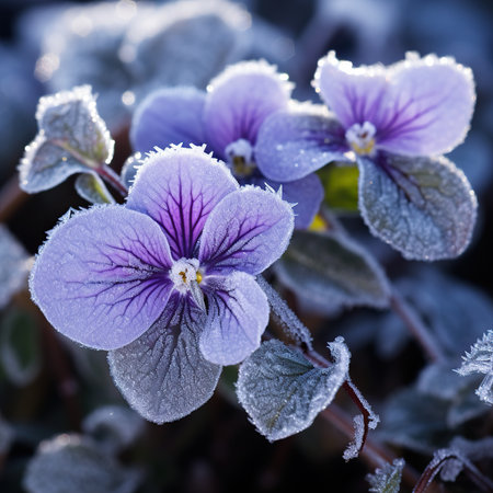 Beautiful violet flowers covered with hoarfrost. Selective focus.の素材