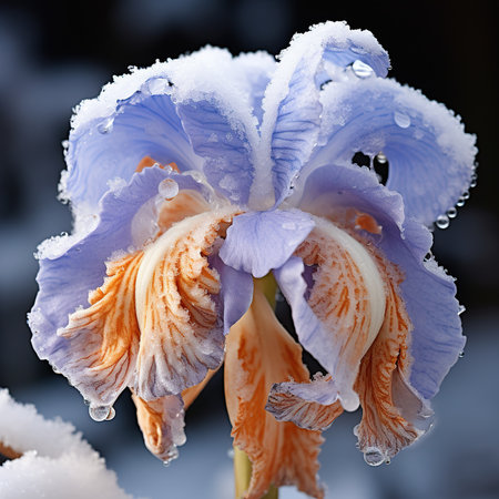 Iris flower covered with snow, close-up, shallow depth of fieldの素材