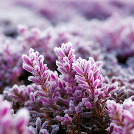 Close up of frozen rhododendron flowers in winter.の素材