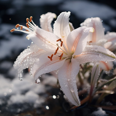 White lily flower with raindrops on the petals close upの素材