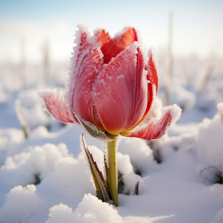 Tulip covered with hoarfrost in a field in the Netherlandsの素材